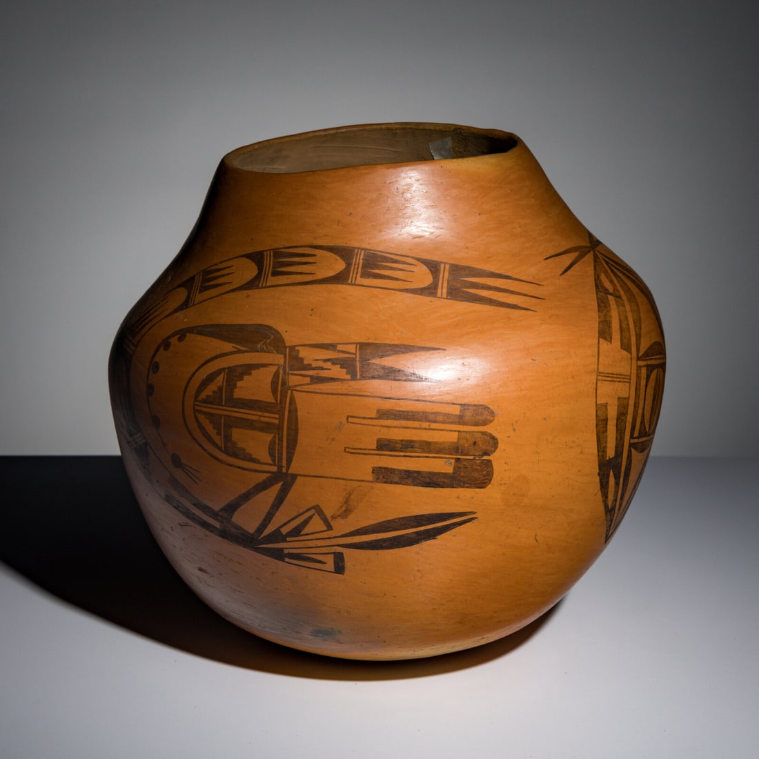 Nampeyo of Hano, Attributed (Hopi, 1859ñ1942) Exceptional Pottery Jar: Nampeyo of Hano, Attributed (Hopi, 1859ñ1942) Exceptional Pottery Jar painted with avian figures and other elemental designs; with a handwritten note: Hopi (First Mesa) about 1900 height 11-1/2 i