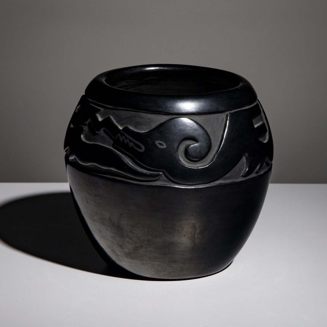 Toni Roller (Santa Clara, b. 1935) Carved Blackware Pottery Jar, Avanyu (1 of 4)