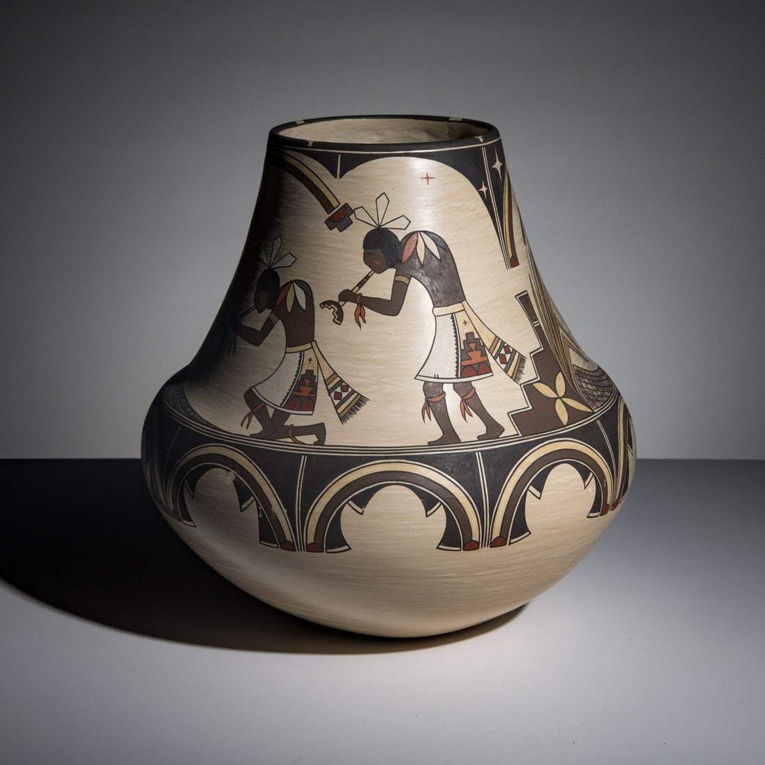 Lois Gutierrez (Santa Clara, b. 1948) Polychrome Pottery Jar, 1988: Lois Gutierrez (Santa Clara, b. 1948) Polychrome Pottery Jar, 1988 painted with flute players, dragonflies, cattails, and stylized corn; signed and dated on base height 12-1/2 inches x diameter 11-1/2