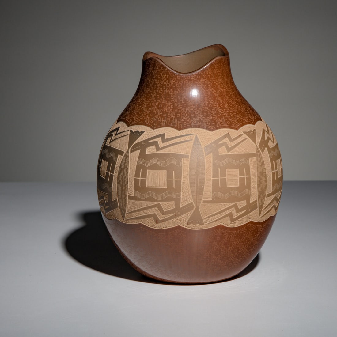Jody Naranjo (Santa Clara, b. 1969) Redware Pottery Vase, with Sgraffito Deer and Fish, 2002: Jody Naranjo (Santa Clara, b. 1969) Redware Pottery Vase, with Sgraffito Deer and Fish, 2002 signed and dated on base height 7-1/2 inches x diameter 7 inches Property from the Collection of John Benso