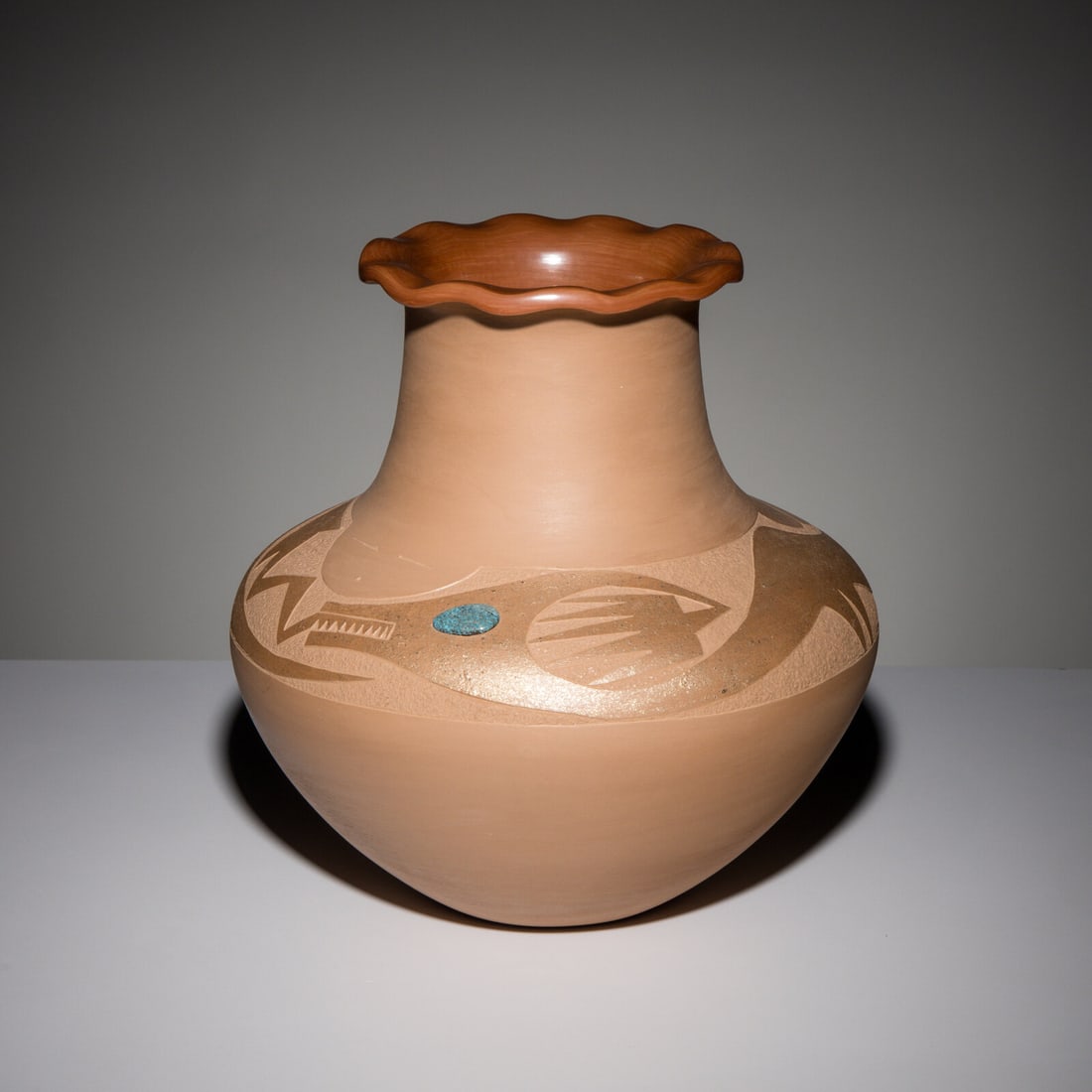 Russell Sanchez (San Ildefonso, b. 1963) Two-toned Sienna Pottery Jar, with Lone Mountain Turquoise (1 of 4)