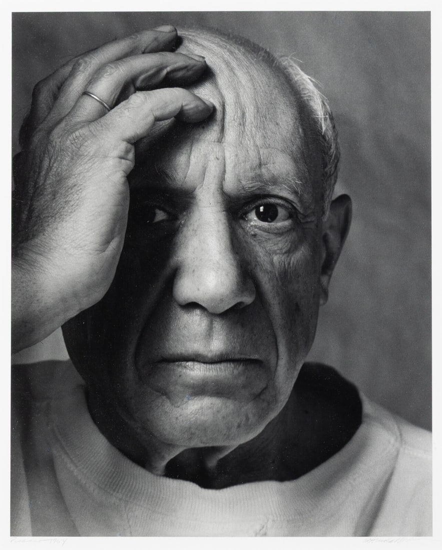 Arnold Newman (American, 1918–2006) Picasso, 1954; printed ca. 1970s: Arnold Newman (American, 1918–2006) Picasso, 1954; printed ca. 1970s gelatin silver print signed, titled, and dated in pencil, mount; artist's stamp, verso 12 3/8 x 9 7/8 in. This lot is located in 