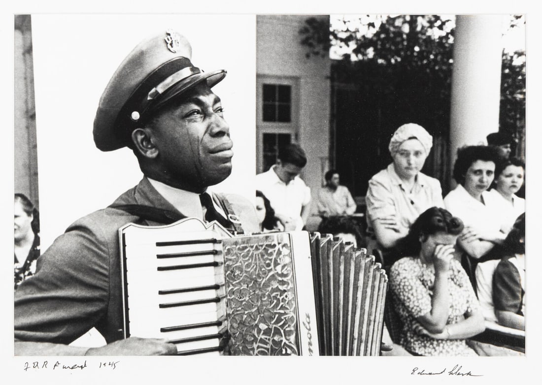 Edward Clark (American, 1911-2000) FDR Funeral, Warm Springs, Georgia, 1945; printed later: Edward Clark (American, 1911-2000) FDR Funeral, Warm Springs, Georgia, 1945; printed later gelatin silver print signed in ink; signed, titled, and dated in ink, mat window 9 1/4 x 13 1/2 in. This lot 