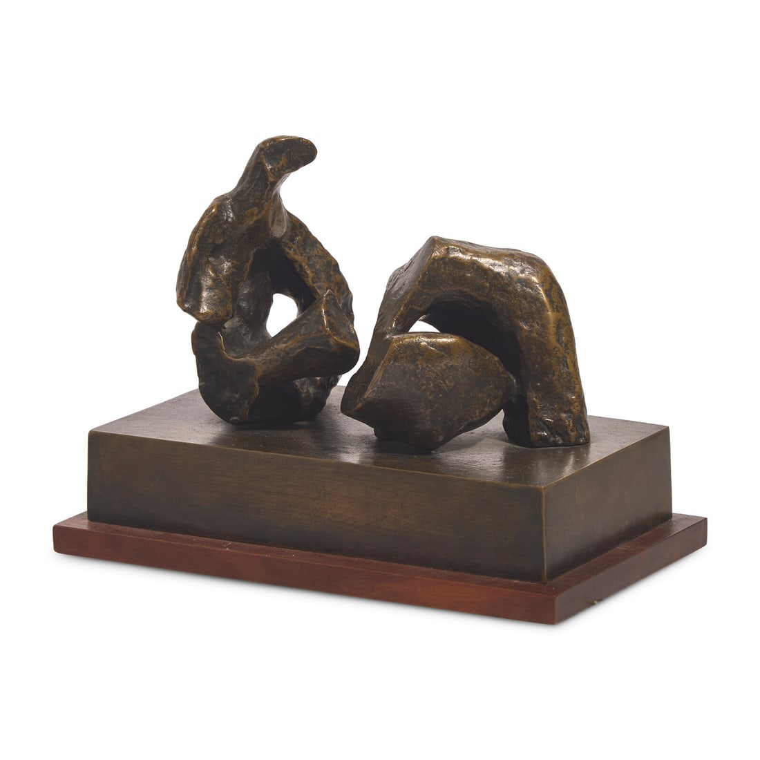 Henry Moore (British, 1898-1986) Two Piece Reclining Figure: Maquette No. 4, 1961: Henry Moore (British, 1898-1986) Two Piece Reclining Figure: Maquette No. 4, 1961 bronze with dark brown patina incised Moore and numbered 5/6 (lower rear edge) height: 6 1/2 in. Property from the Col