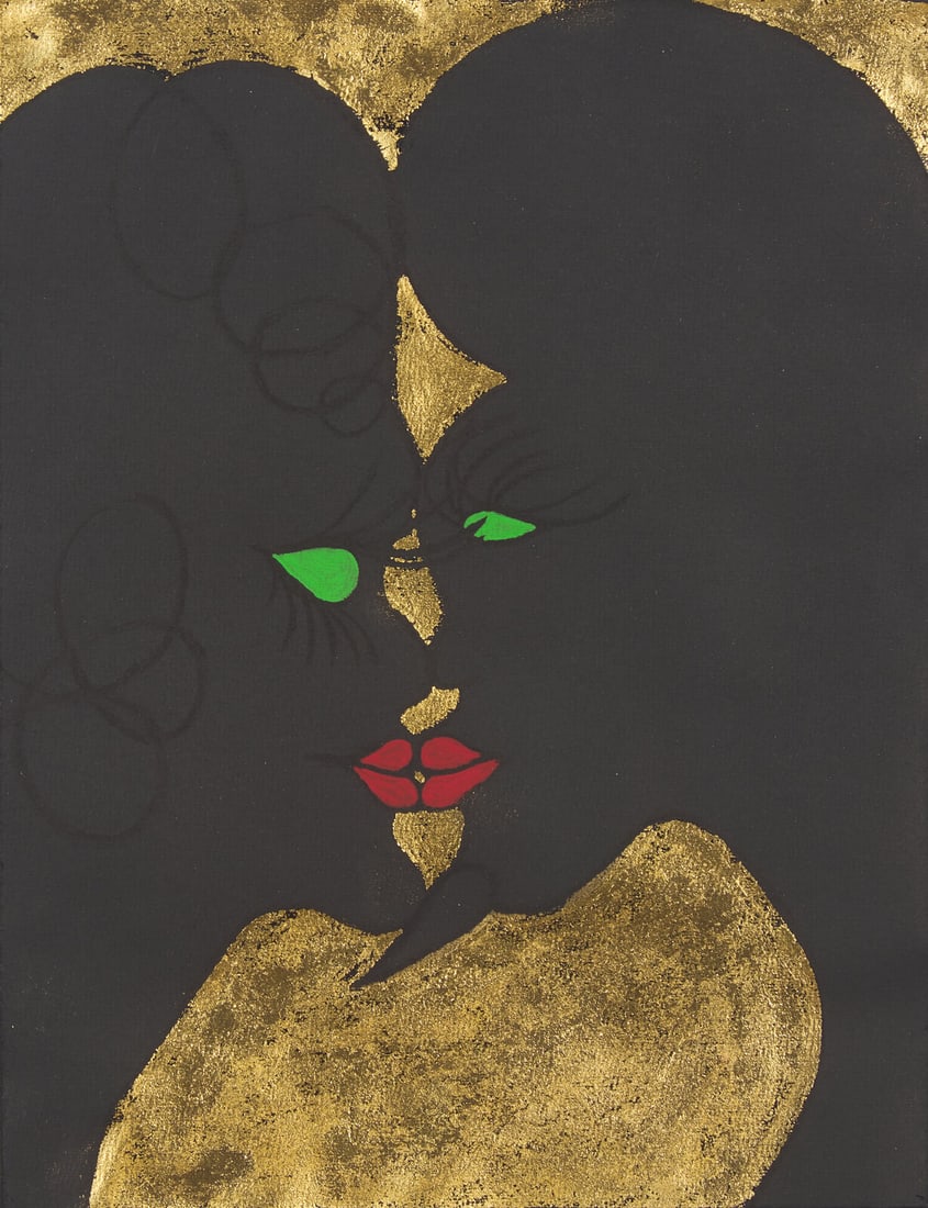Chris Ofili (British, b. 1968) Untitled (Man and Woman), 2003: Chris Ofili (British, b. 1968) Untitled (Man and Woman), 2003 gold leaf, gouache, and charcoal on paper signed Chris Ofili and dated (verso) 12 3/8 x 9 3/8 in. Property from a Distinguished Private Co