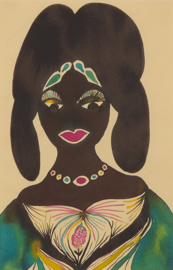 Chris Ofili (British, b. 1968) Untitled (Afromuse Woman), 2003: Chris Ofili (British, b. 1968) Untitled (Afromuse Woman), 2003 watercolor and pencil on paper signed Chris Ofili and dated (verso) 9 3/8 x 6 1/8 in. Property from a Distinguished Private Collection Th