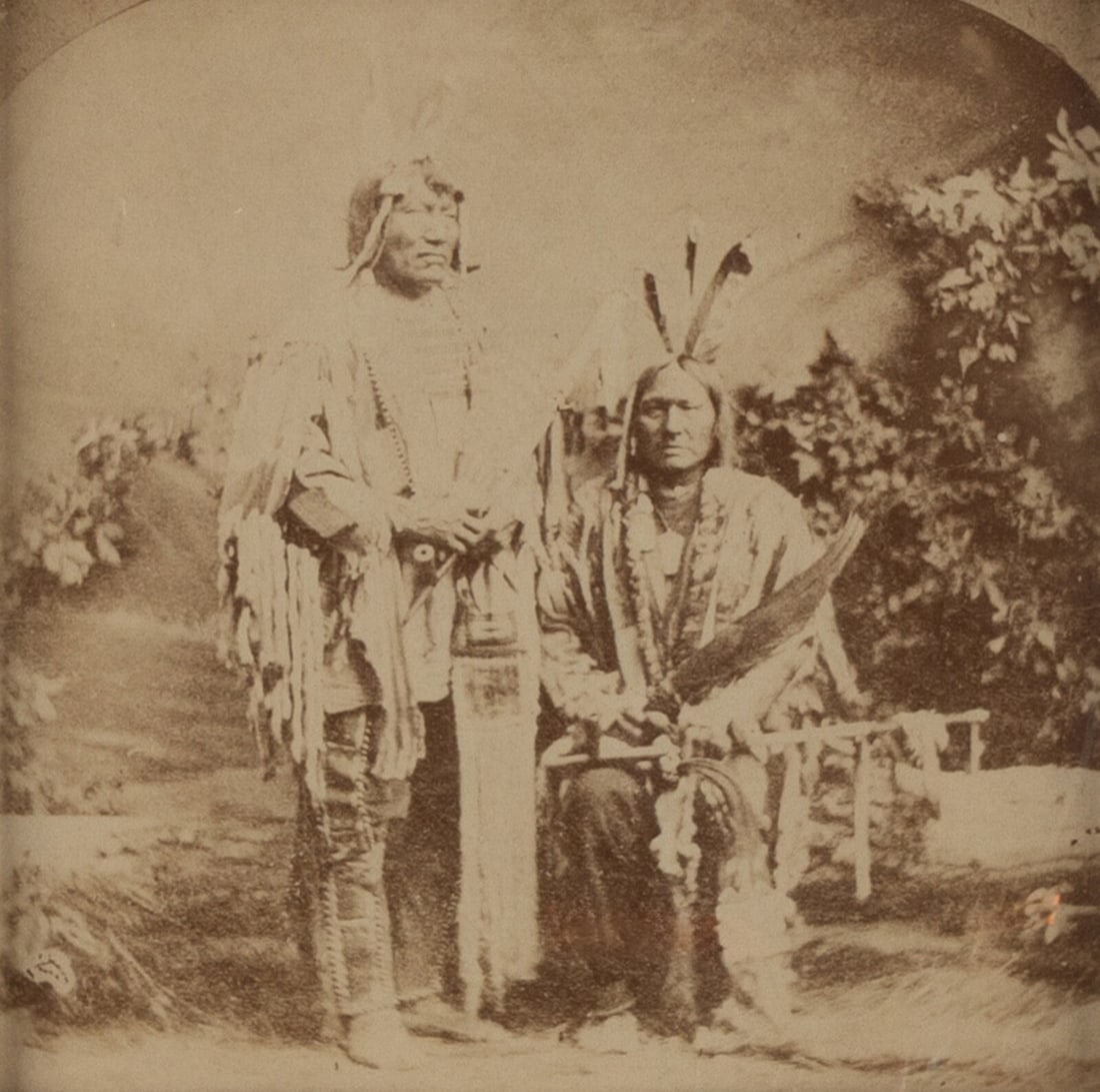 Hamilton & Hoyt Two Bears and Running Antelope, Sioux Chiefs: Hamilton & Hoyt Two Bears and Running Antelope, Sioux Chiefs albumen photograph 5 1/4 x 5 1/4 in. albumen photograph on 9 x 7 in. cardstock mount. Unmarked but originally taken by Hamilton & Hoyt 