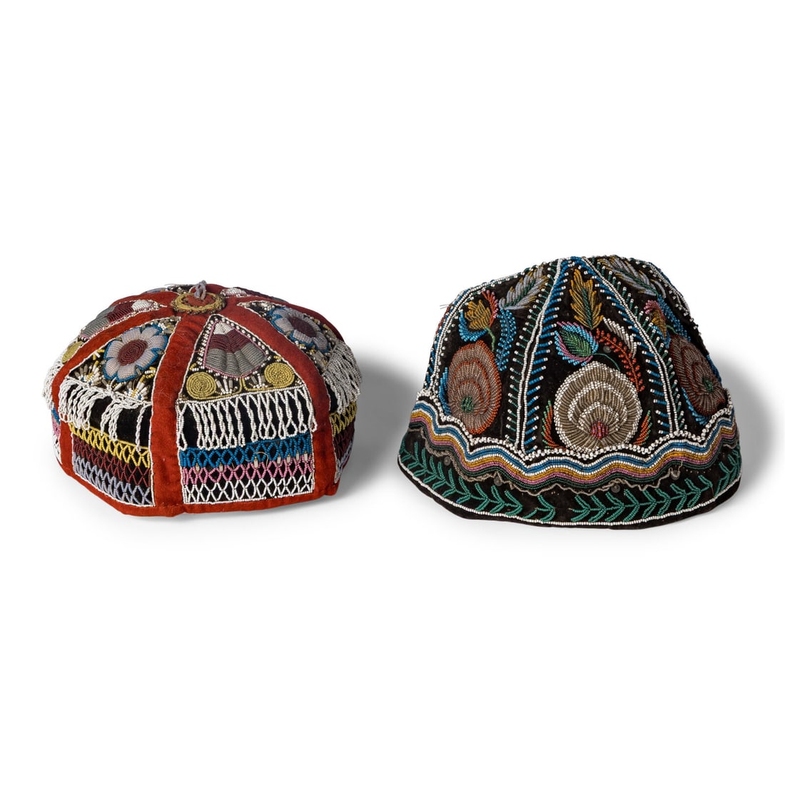 Haudenosaunee Beaded Caps: Haudenosaunee Beaded Caps late 19th century lot of 2, sizes include: height 6 x diameter 8 inches AND height 4 inches x diameter 7 inches The Ronny and Doris Smithee Collection, Oklahoma City This