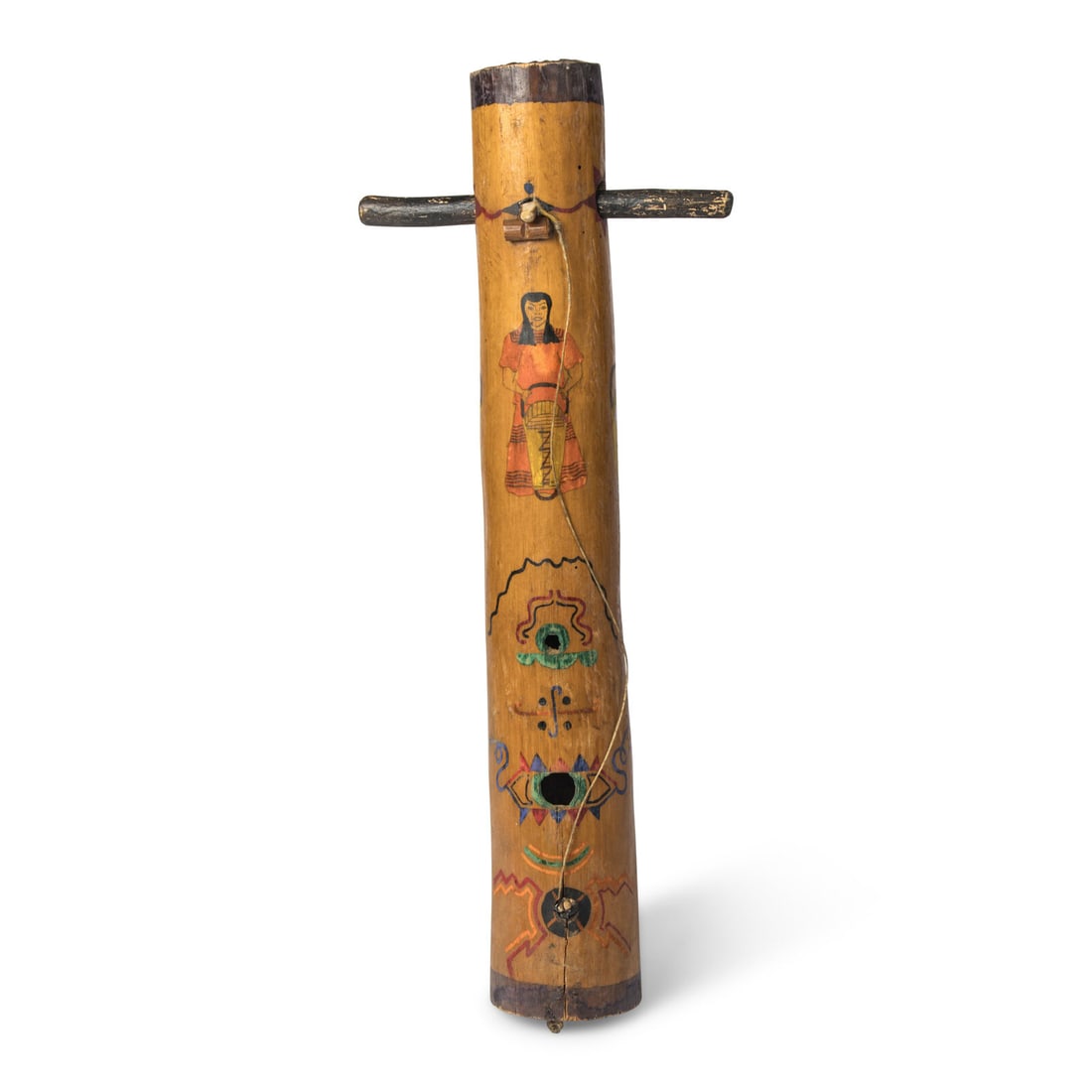 Apache Painted Fiddle: Apache Painted Fiddle second quarter 20th century agave stalk painted with imagery of a mother with cradle, five individual cradles, and various colorful geometrics; twisted sinew string length 18 inc
