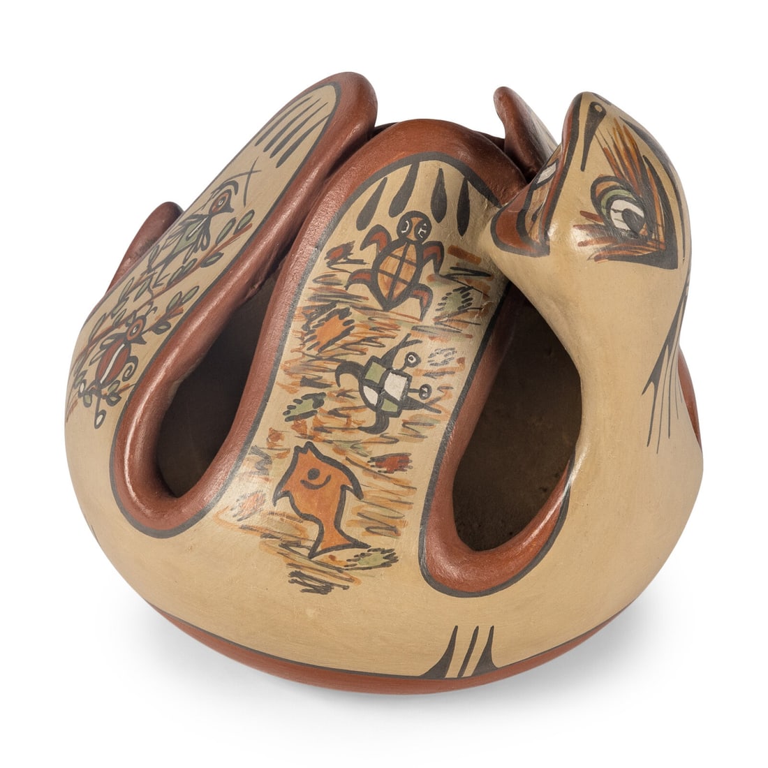 Margaret and Luther Gutierrez (Santa Clara, 1936-2018 / 1911-1987) Giggling Pottery Figure: Margaret and Luther Gutierrez (Santa Clara, 1936-2018 / 1911-1987) Giggling Pottery Figure a turtle, on is back, is whimsically painted with frogs and tadpoles, butterflies and other bugs, birds, turt