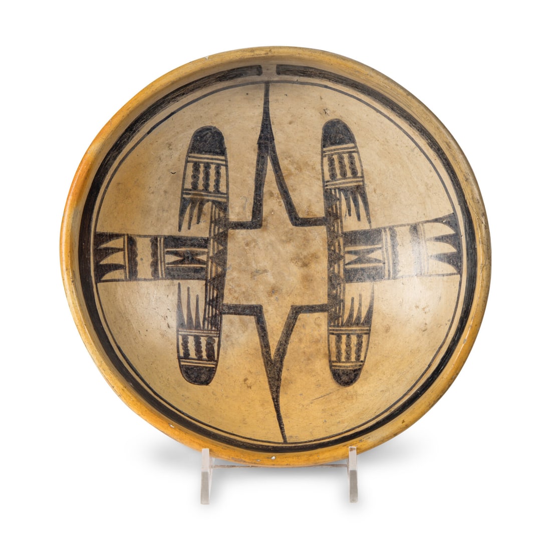 Hopi Pottery Bowl: Hopi Pottery Bowl early 20th century interior painted with eagle wing and tail design height 2 inches x diameter 7-3/4 inches This lot is located in Chicago.