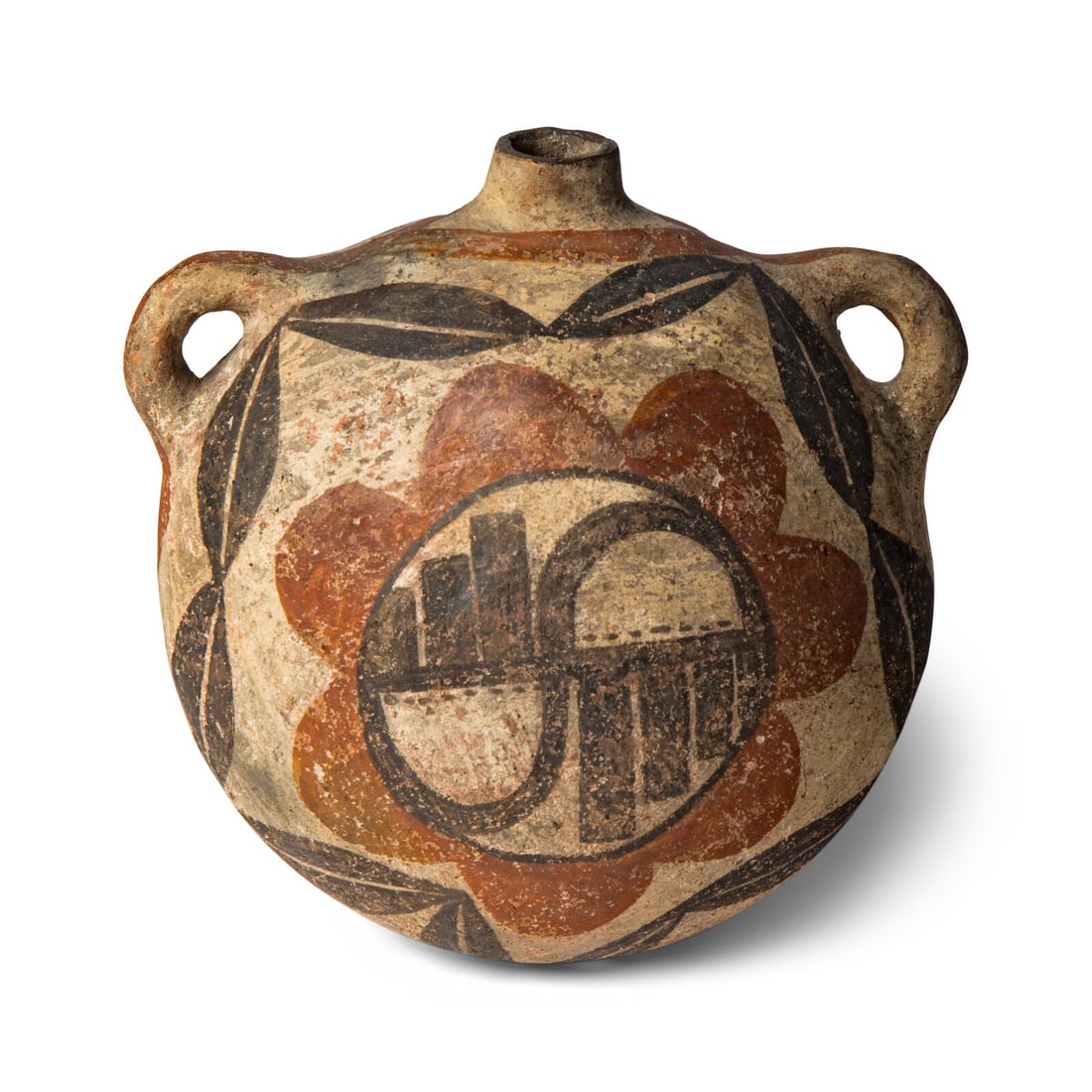 Zia Polychrome Pottery Canteen: Zia Polychrome Pottery Canteen ca 1900 decorated on both sides with a floral motif, housing winged elements length 7 inches x width 6-3/4 inches x depth 3-5/8 inches This lot is located in Chicago.