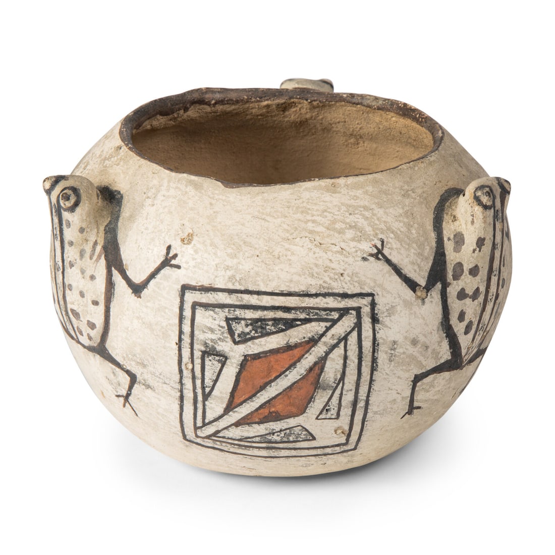 Zuni Pottery Frog Jar: Zuni Pottery Frog Jar early 20th century globular form, with three appliqued frogs height 4-1/2 inches x diameter 6 inches This lot is located in Chicago.