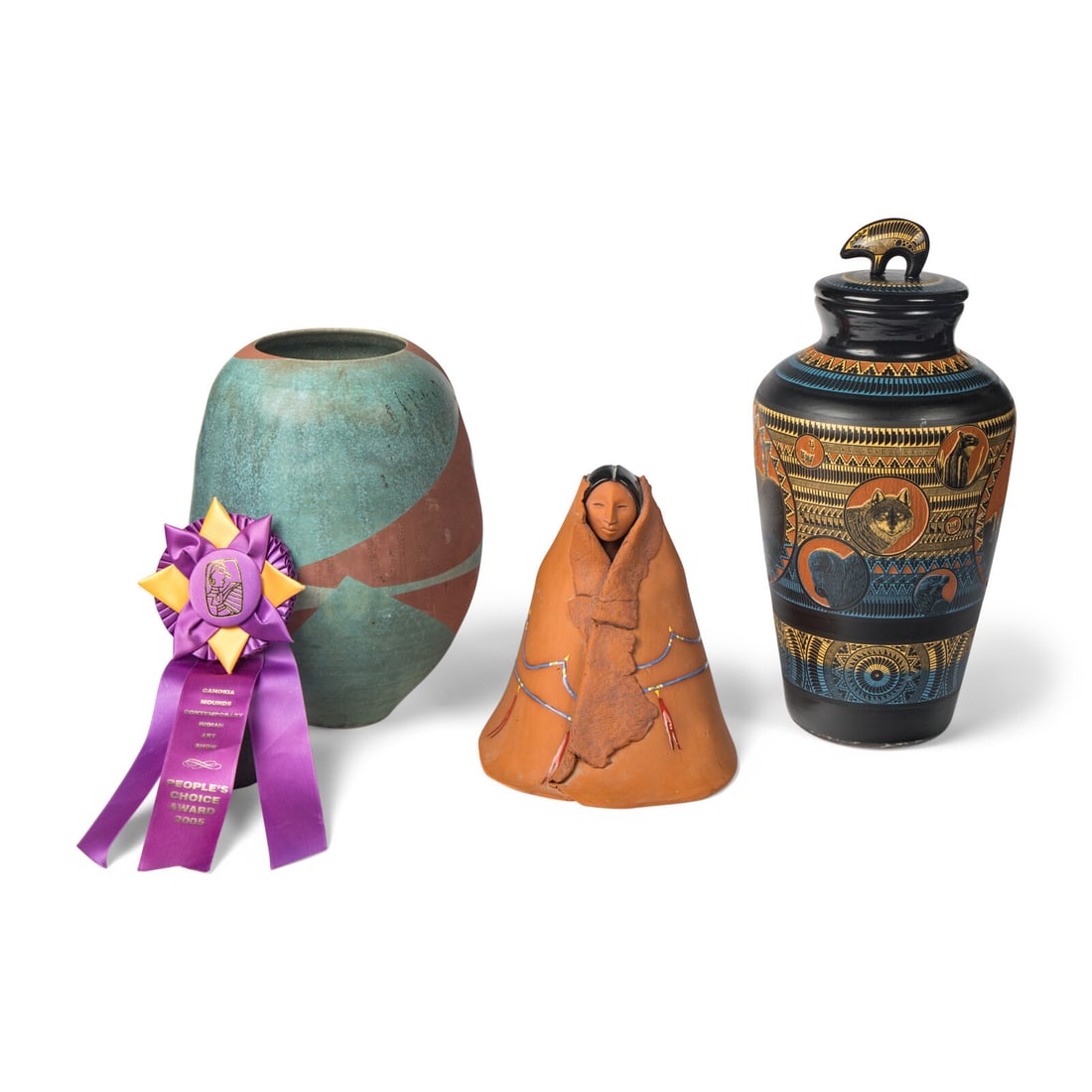 Keith Yazzie Jay (Diné, 20th century) Medicine Shield, Award Winner PLUS: Keith Yazzie Jay (Diné, 20th century) Medicine Shield, Award Winner PLUS lot of 3, includes: an award-winning jar by Keith Yazzie Jay; titled and signed on base; included is a 2005 Cahokia