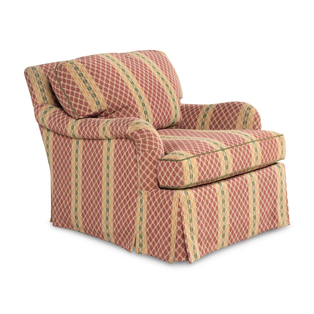 A Custom Upholstered Easy Chair: A Custom Upholstered Easy Chair 20th Century Height 29 x width 29 1/2 x depth 41 inches. Property from a Utah Mountain Residence This lot is located in Chicago.