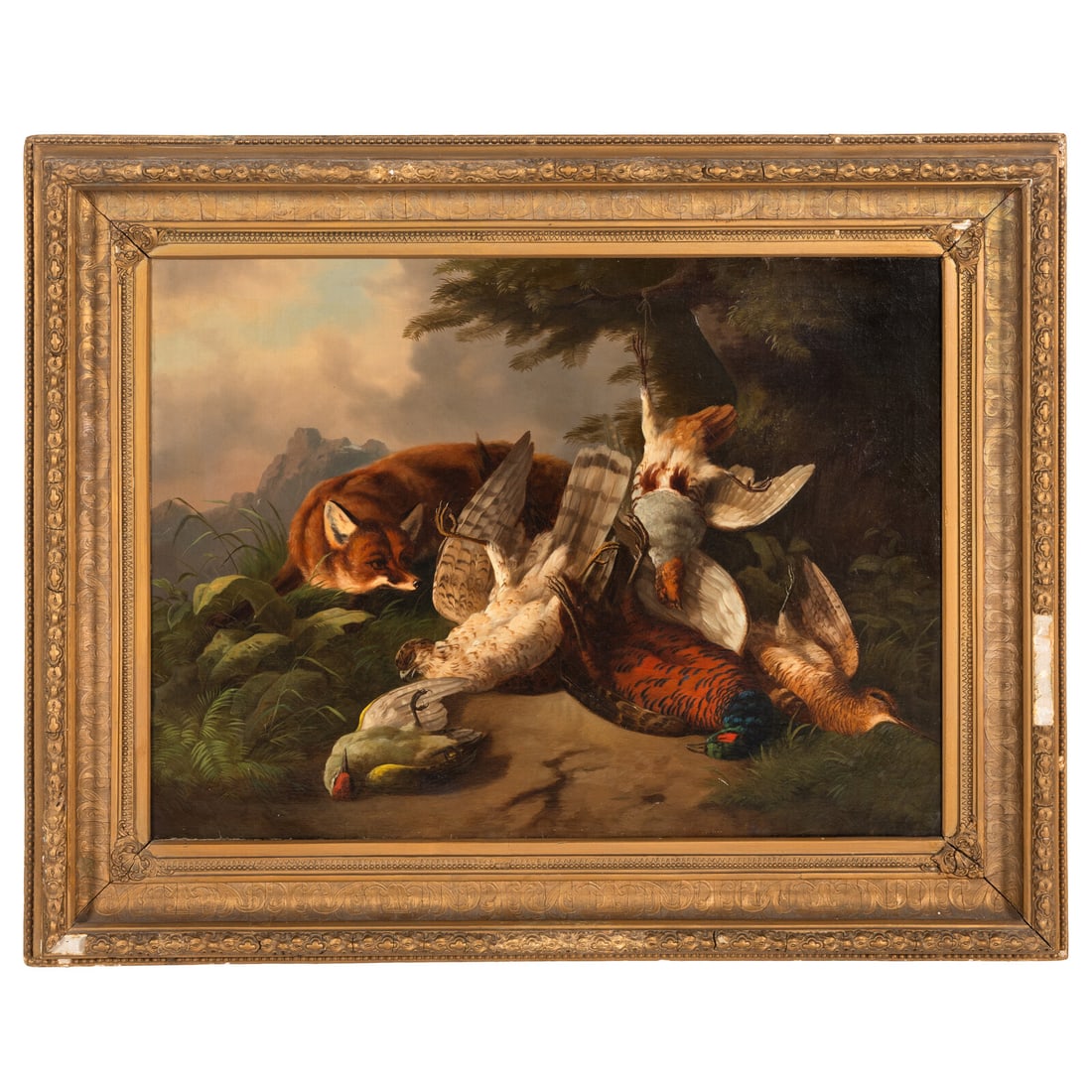 Continental, 19th Century Still Life with Game Birds, a Green Parrot and a Fox: Continental, 19th Century Still Life with Game Birds, a Green Parrot and a Fox oil on canvas 28 x 39 1/4 inches. Property from a Utah Mountain Residence This lot is located in Chicago.