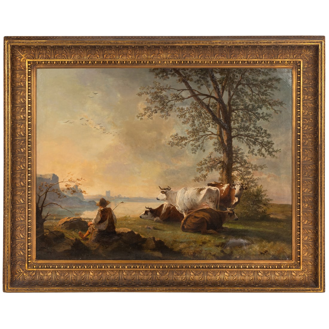 British School, 19th Century A Shepherd and Four Bulls Beside a River: British School, 19th Century A Shepherd and Four Bulls Beside a River oil on canvas 37 1/4 x 49 1/2 inches. Property from a Utah Mountain Residence This lot is located in Chicago.