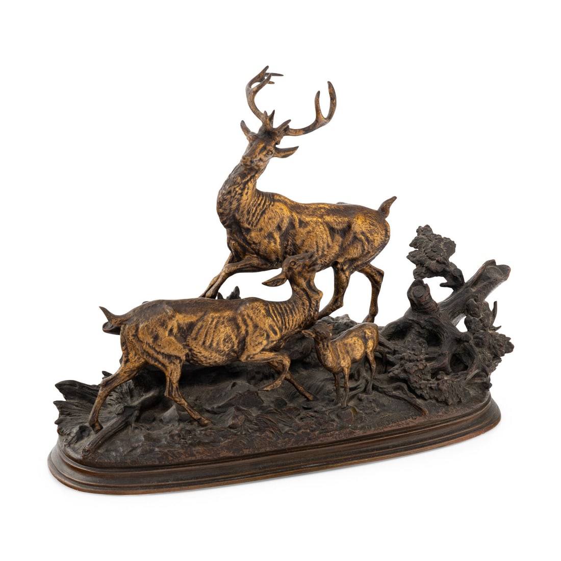 After Paul Edward Delabriere (French, 1829-1912) Group with Stag, Doe, and Fawn: After Paul Edward Delabriere (French, 1829-1912) Group with Stag, Doe, and Fawn bronze Stamped 'DELABRIERE' to the base. Height 11 1/2 x width 16 x depth 5 inches. Property from a Utah Mountain Reside