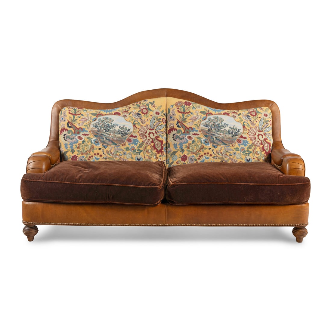 A Leather, Velvet and Needlepoint Upholstered Sofa (1 of 17)