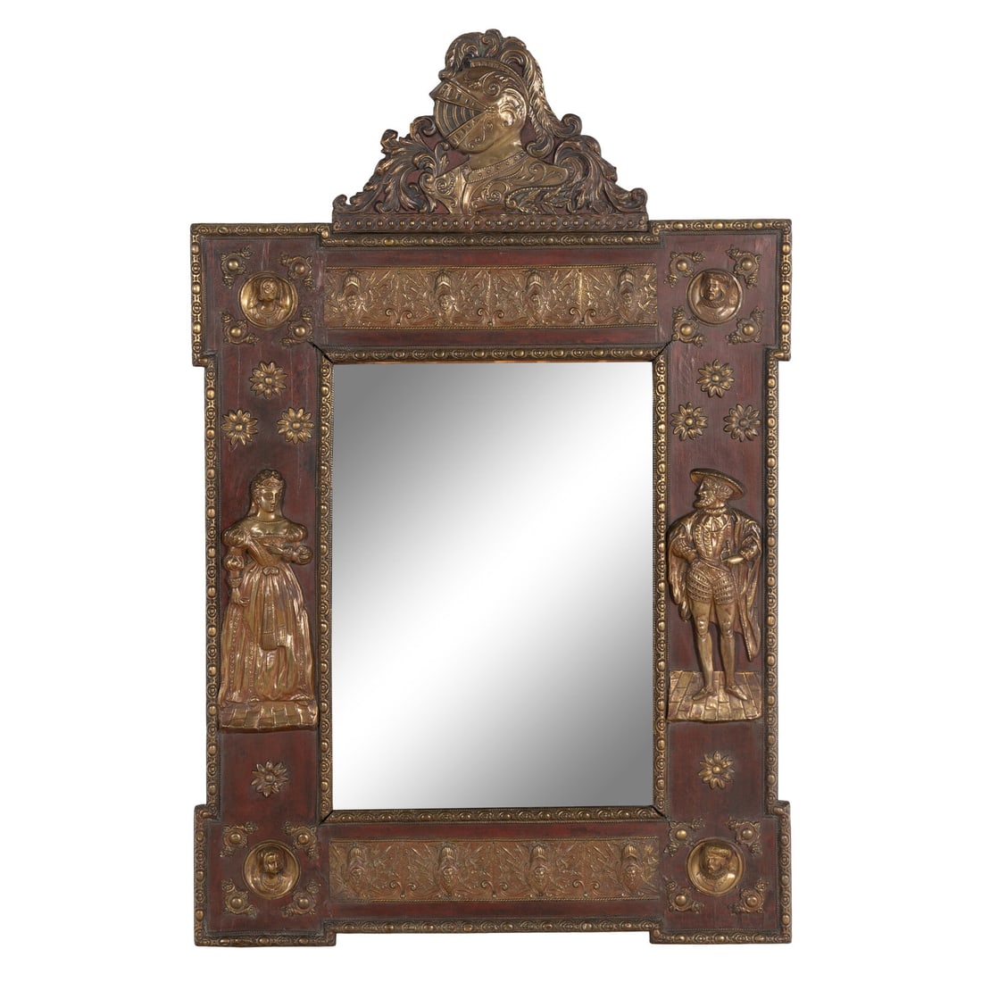 A Spanish Walnut and Brass Mounted Mirror: A Spanish Walnut and Brass Mounted Mirror Late 19th Century Height 60 x width 39 inches. Property from a Utah Mountain Residence This lot is located in Chicago.