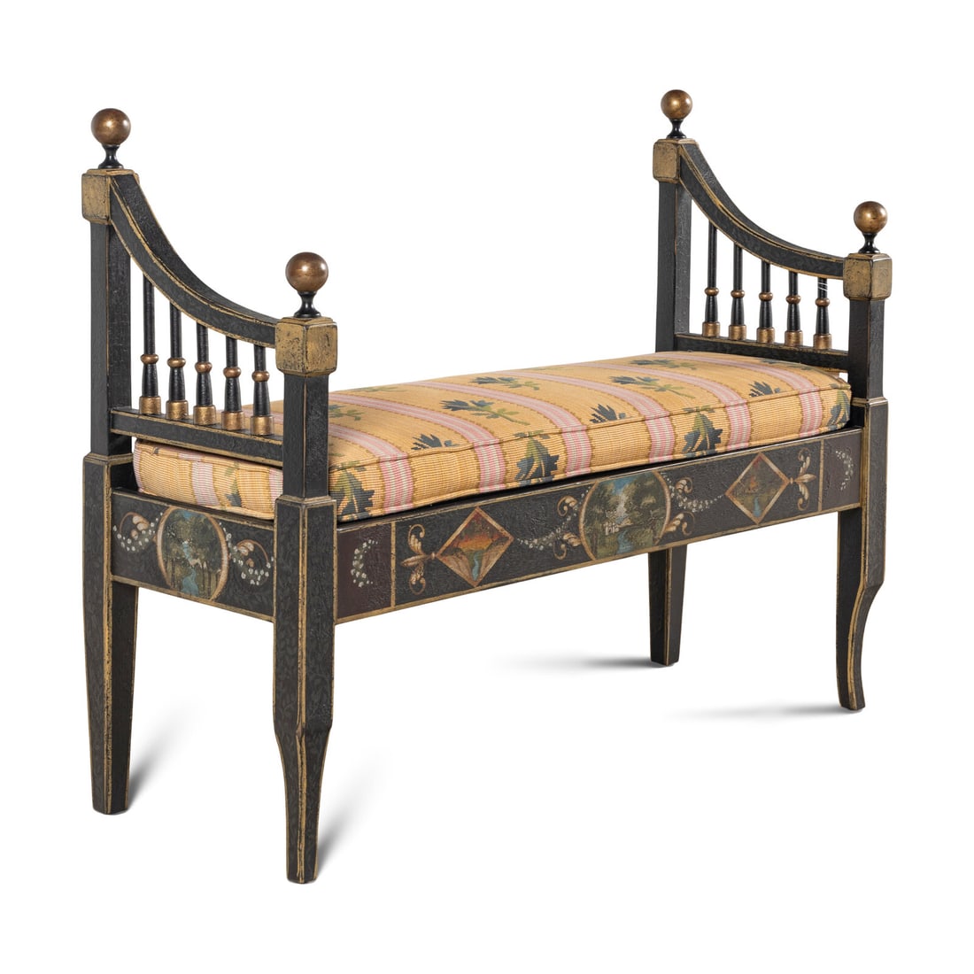 A Black and Polychrome-Painted Window Bench: A Black and Polychrome-Painted Window Bench 20th Century Height 39 x width 47 3/4 x depth 19 inches. Property from a Utah Mountain Residence This lot is located in Chicago.