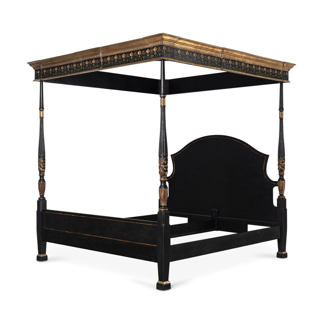 A George III Style Painted and Parcel Gilt Tester Bed: A George III Style Painted and Parcel Gilt Tester Bed 20th Century Height 95 x width 83 x depth 89 inches. Property from a Utah Mountain Residence This lot is located in Chicago.