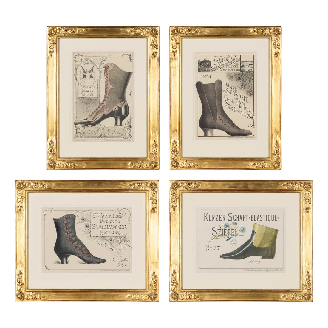 A Set of Four German Giltwood-Framed Shoe Advertisements: A Set of Four German Giltwood-Framed Shoe Advertisements 19th Century Height of frames 29 x width 19 inches. Property from a Utah Mountain Residence This lot is located in Chicago.
