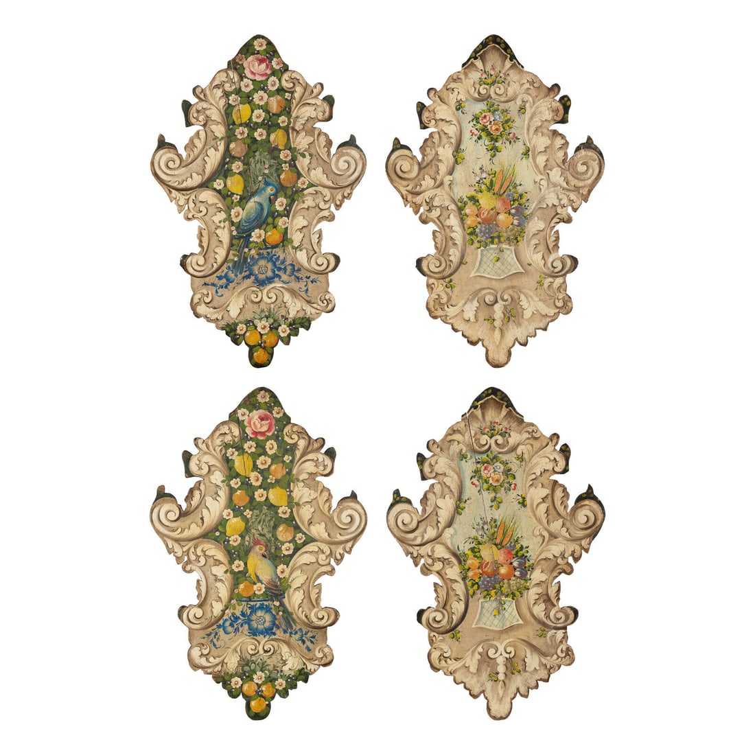 A Set of Four Italian Painted Cartouche-Form Plaques: A Set of Four Italian Painted Cartouche-Form Plaques Late 19th Century Height 39 1/2 x width 25 inches. Property from a Utah Mountain Residence This lot is located in Chicago.