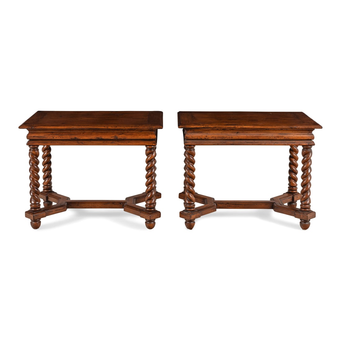 A Pair of Italian Baroque Style Walnut Side Tables: A Pair of Italian Baroque Style Walnut Side Tables 20th Century Height 28 x width 36 x depth 24 inches. Property from a Utah Mountain Residence This lot is located in Chicago.