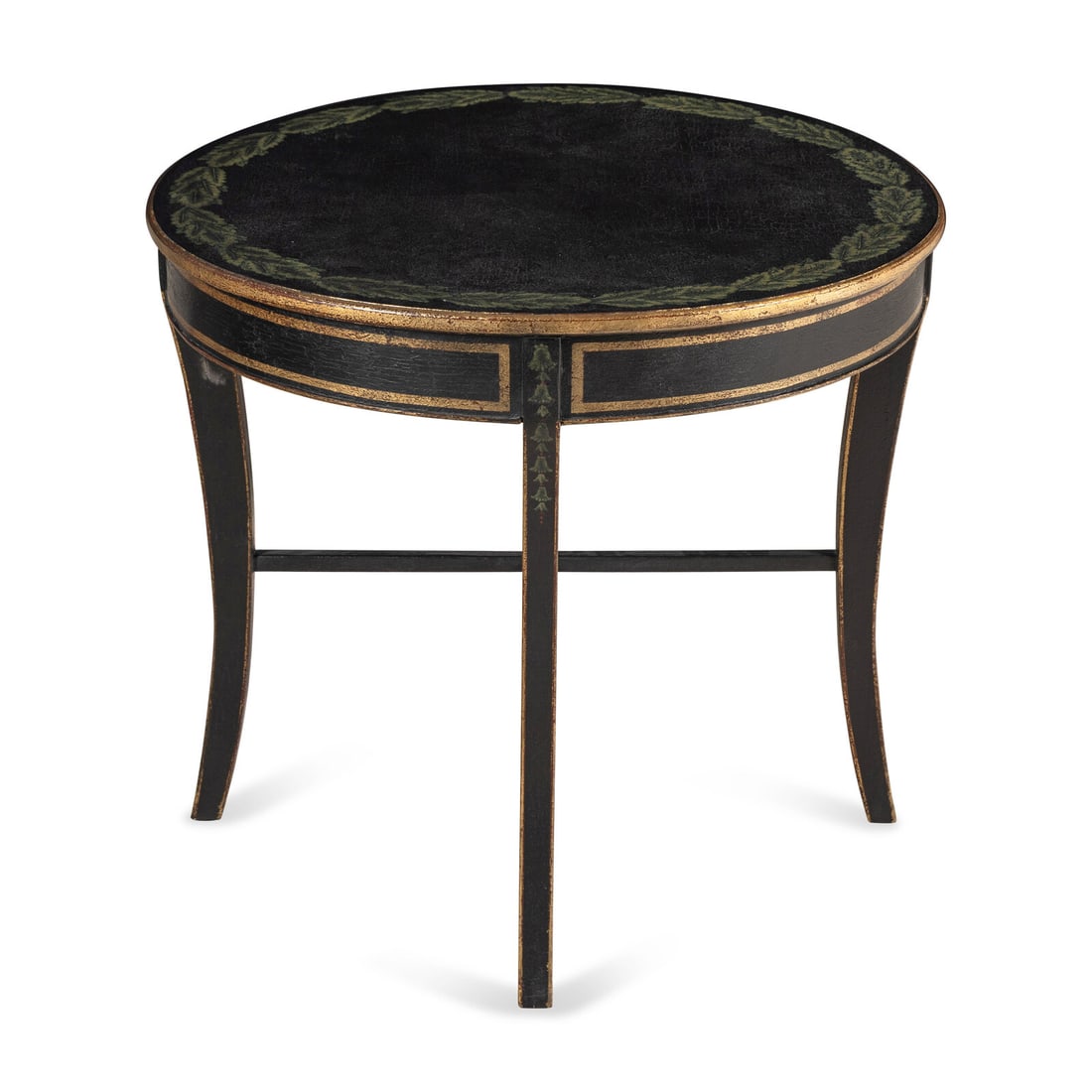 A Black and Polychrome-Painted Side Table: A Black and Polychrome-Painted Side Table 20th Century Height 27 x diameter of top 30 inches. Property from a Utah Mountain Residence This lot is located in Chicago.
