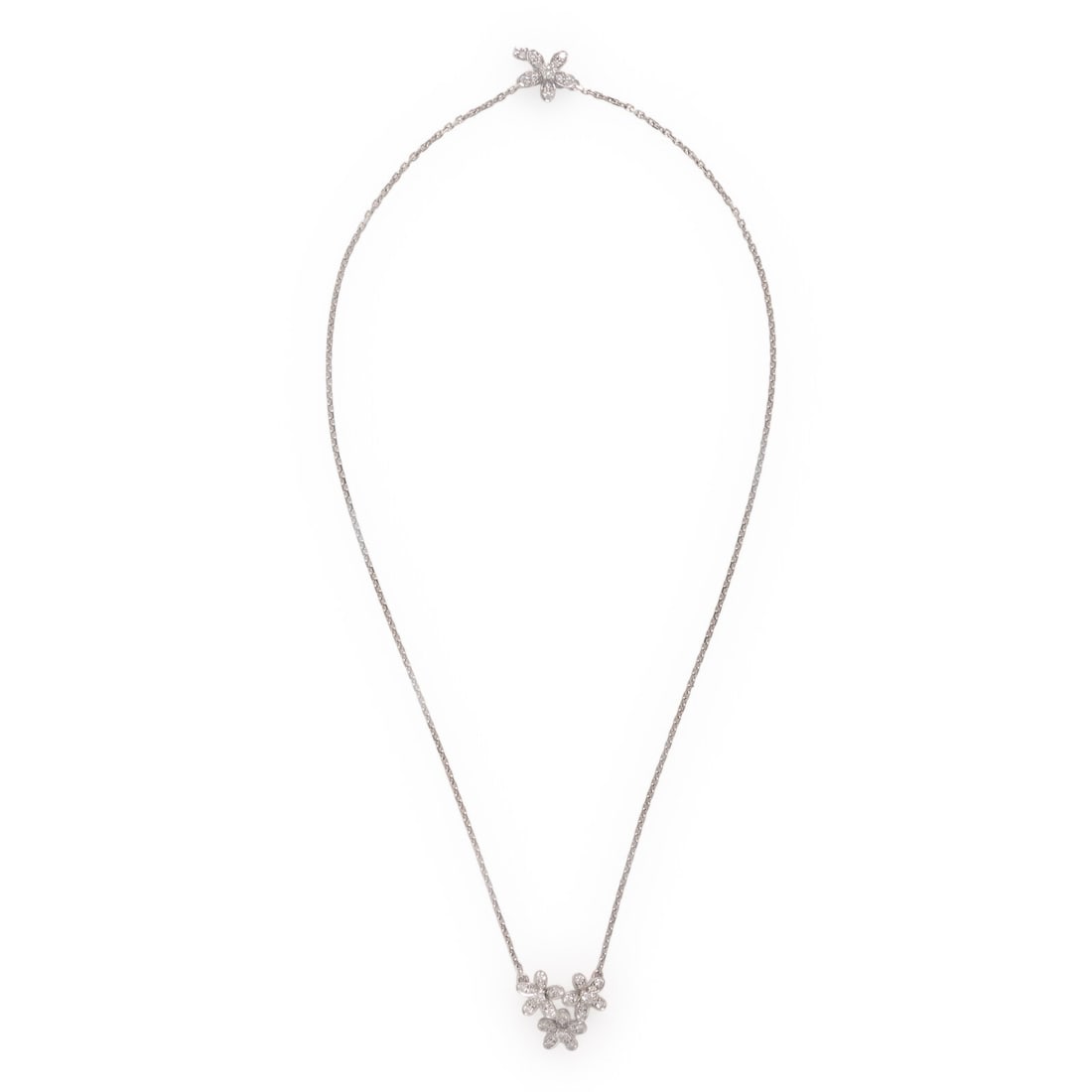 Van Cleef & Arpels, 'Socrate' '3 Flowers', Diamond and White Gold Pendant Necklace: Van Cleef & Arpels, 'Socrate' '3 Flowers', Diamond and White Gold Pendant Necklace Round brilliant cut diamonds weighing approximately 0.90 carat total. 18 karat white gold. 16 inches long. Engraved: 