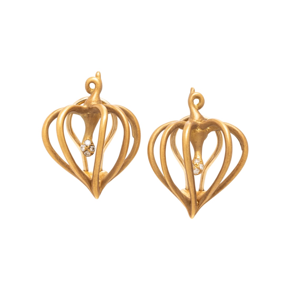 Angela Cummings, Yellow Gold and Diamond Cagework Earrings: Angela Cummings, Yellow Gold and Diamond Cagework Earrings Round brilliant cut diamonds. 18 karat satin finished yellow gold. 1 1/8 inches long. Stamp: CUMMINGS 18K. Gross weight: 7.55 dwt. Property f