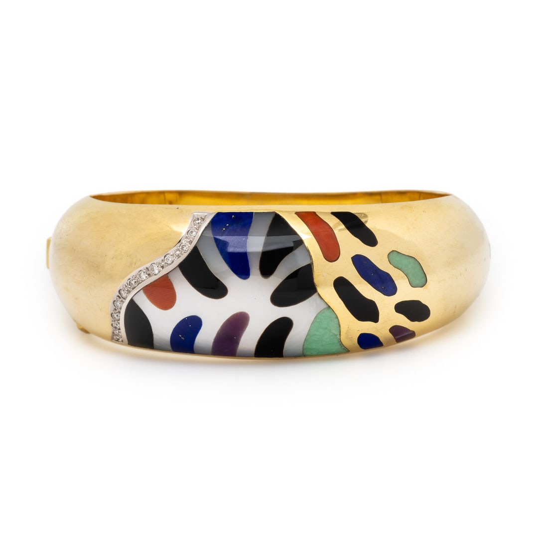 Asch Grossbardt, Yellow Gold and Multigem Bangle Bracelet: Asch Grossbardt, Yellow Gold and Multigem Bangle Bracelet Round brilliant cut diamonds weighing approximately 0.30 carat total, and onyx, mother-of-pearl, sugilite, lapis lazuli, amazonite, and coral 