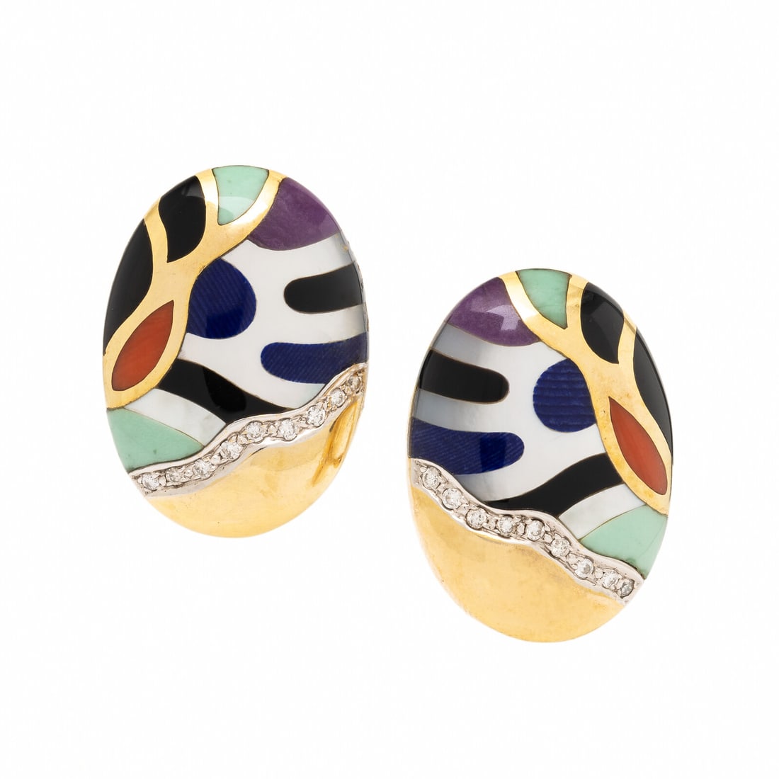 Asch Grossbardt, Yellow Gold and Multigem Earrings: Asch Grossbardt, Yellow Gold and Multigem Earrings Inlaid onyx, mother-of-pearl, sugilite, lapis lazuli, amazonite, and coral, and round brilliant cut diamonds weighing approximately 0.25 carat