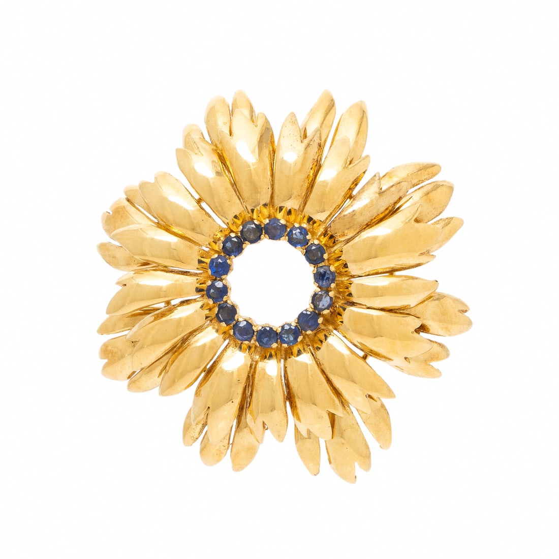 Tiffany & Co., Yellow Gold and Sapphire Flower Brooch: Tiffany & Co., Yellow Gold and Sapphire Flower Brooch Round sapphires. 18 karat yellow gold. 1 5/8 x 1 5/8 inches. Stamp: TIFFANY & CO. 18KT ITALY. Gross weight: 9.45 dwt.