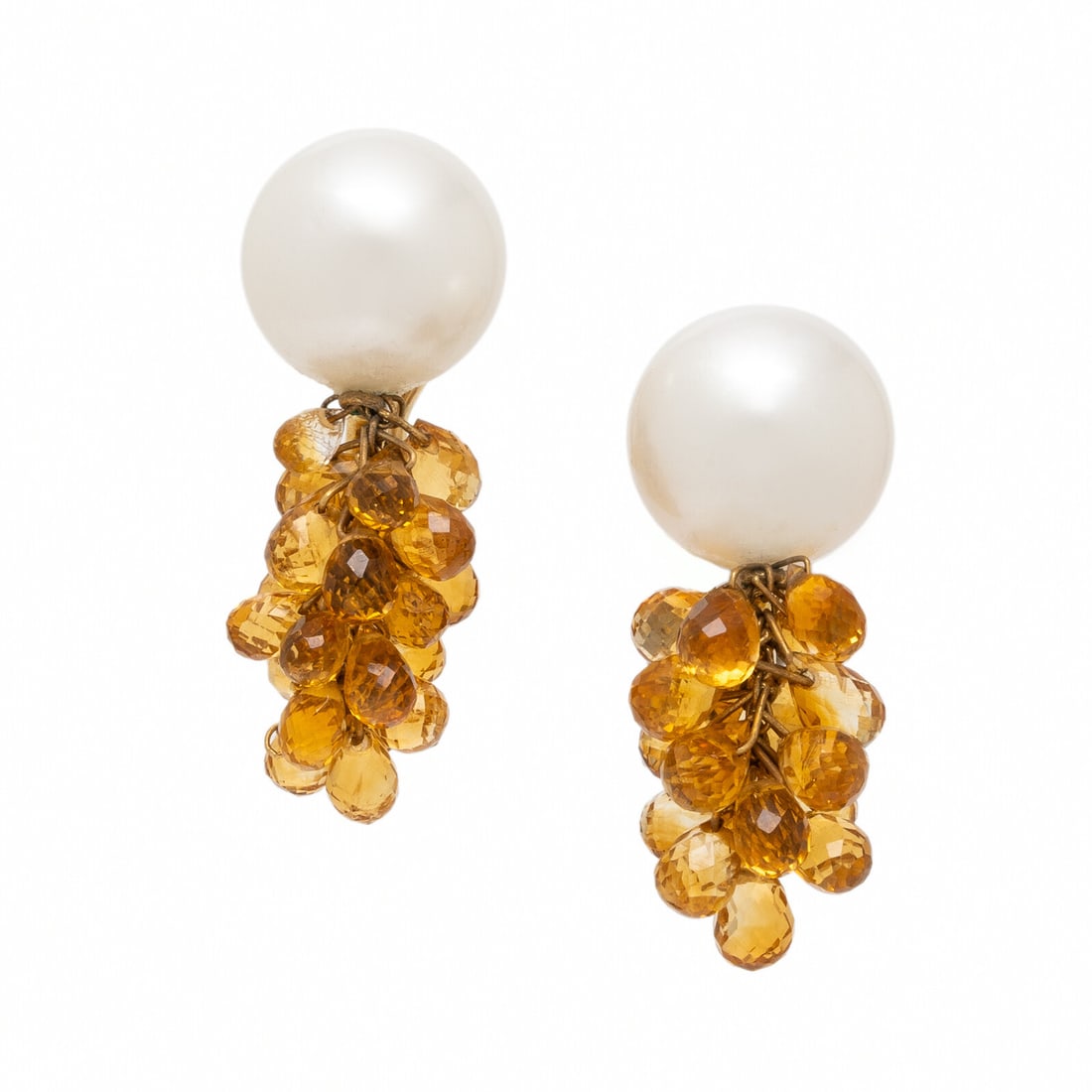 Mish, Cultured Pearl, Citrine, and Yellow Gold Earrings: Mish, Cultured Pearl, Citrine, and Yellow Gold Earrings Cultured pearls measuring approximately 12.50 mm and briolette cut citrines. 18 karat yellow gold. 1 1/8 inches long. Stamp: MISH NY 750. Gross
