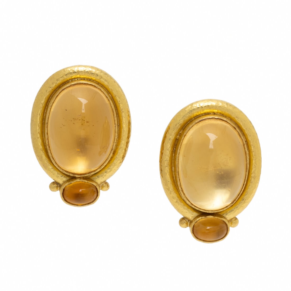 Elizabeth Locke, Yellow Gold and Citrine Earrings: Elizabeth Locke, Yellow Gold and Citrine Earrings Oval cabochon citrine measuring approximately 18.00 x 12.90 mm and 6.48 x 5.00 mm, backed by mother-of-pearl. 19 karat yellow gold. 1 1/8 inches