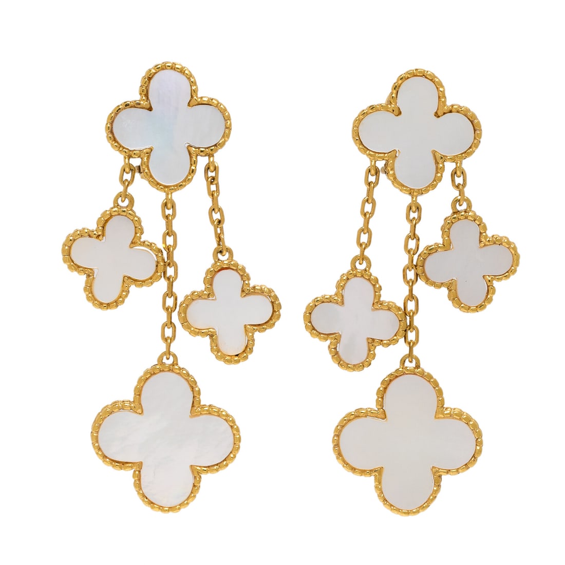 Mother-of-Pearl and Yellow Gold Earrings: Mother-of-Pearl and Yellow Gold Earrings Quatrefoil mother-of-pearl plaques. 18 karat yellow gold. 2 1/4 inches long. Stamp: MADE IN ITALY 750. Gross weight: 12.60 dwt. Property from the Collection of