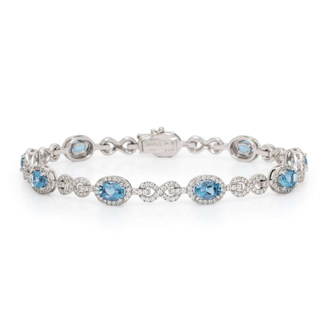 Simon G., White Gold, Diamond and Aquamarine Bracelet: Simon G., White Gold, Diamond and Aquamarine Bracelet Oval aquamarines weighing approximately 4.03 carats total and round brilliant cut diamonds weighing approximately 1.62 carats total. 18 karat whit