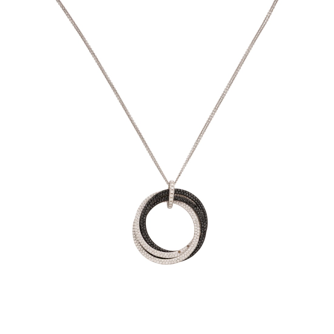 Diamond, Black Diamond, and White Gold Pendant Necklace: Diamond, Black Diamond, and White Gold Pendant Necklace Round brilliant diamonds weighing approximately 2.95 carats total, and round brilliant black diamonds. 18 karat white gold. 17 1/2 inches long w