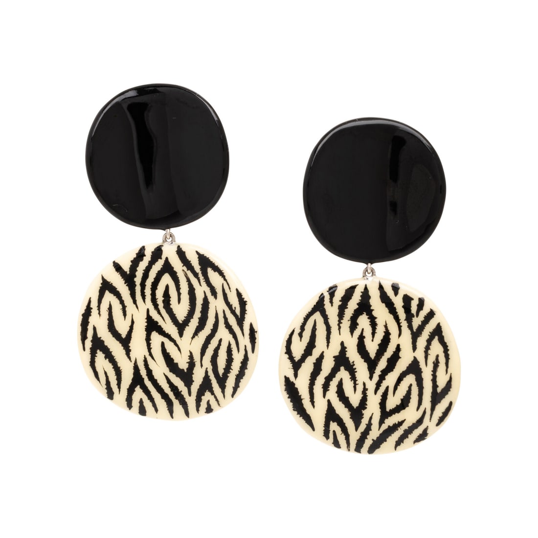 Sabbadini, Zebra Print Enamel Earrings: Sabbadini, Zebra Print Enamel Earrings Black and white enamel. Metal and 18 karat white gold. 2 1/2 inches long. Stamp: sabbadini (Italian maker's mark) 750 METAL. Gross weight: 30.20 dwt. Property fr