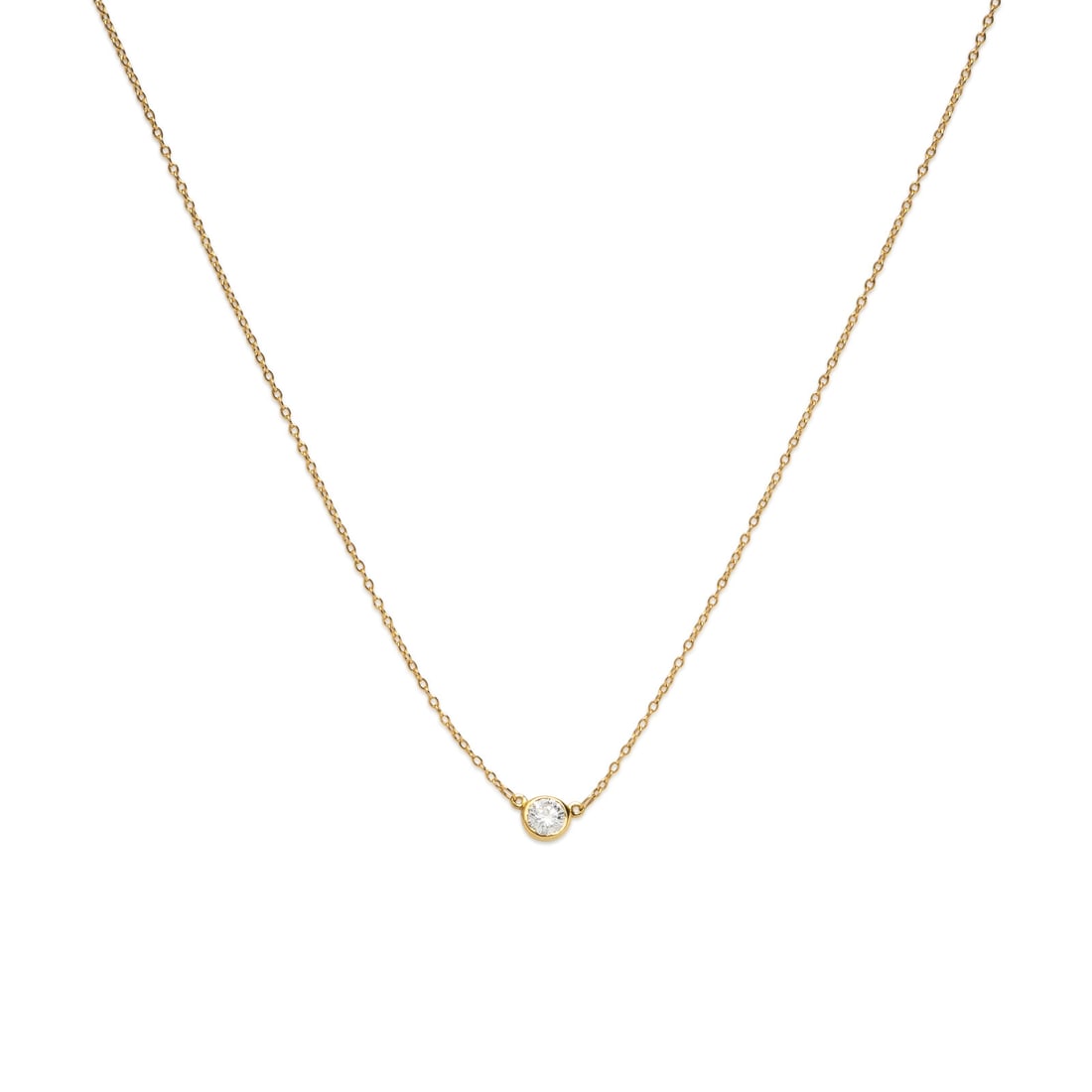 Tiffany & Co., Elsa Peretti, 'Diamonds by the Yard', Yellow Gold and Diamond Solitaire Necklace: Tiffany & Co., Elsa Peretti, 'Diamonds by the Yard', Yellow Gold and Diamond Solitaire Necklace Round brilliant cut diamond weighing approximately 0.15 carat. 18 karat yellow gold. 18 inches long. Sta