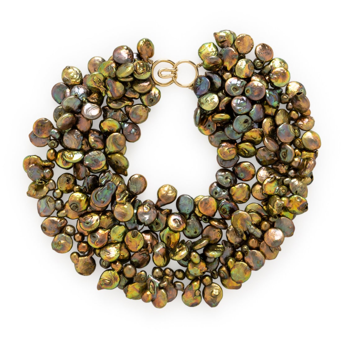 Maz, Cultured Coin Pearl Torsade Necklace: Maz, Cultured Coin Pearl Torsade Necklace Three strands of cultured green, brown, and gray coin pearls measuring approximately 11.50 - 16.50 mm (origin of color not tested). 14 karat yellow gold. 15 i