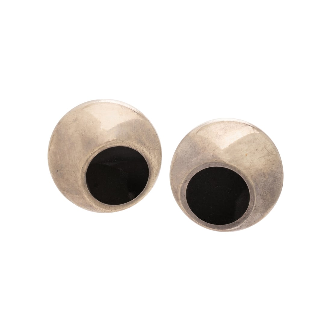 Tiffany & Co., Elsa Peretti, Sterling Silver and Onyx Earrings: Tiffany & Co., Elsa Peretti, Sterling Silver and Onyx Earrings Round onyx measuring approximately 13.20 x 13.20 mm. Sterling silver. 1 inch wide. Stamp: TIFFANY & CO. Elsa Peretti 925 HONG KONG. Gross