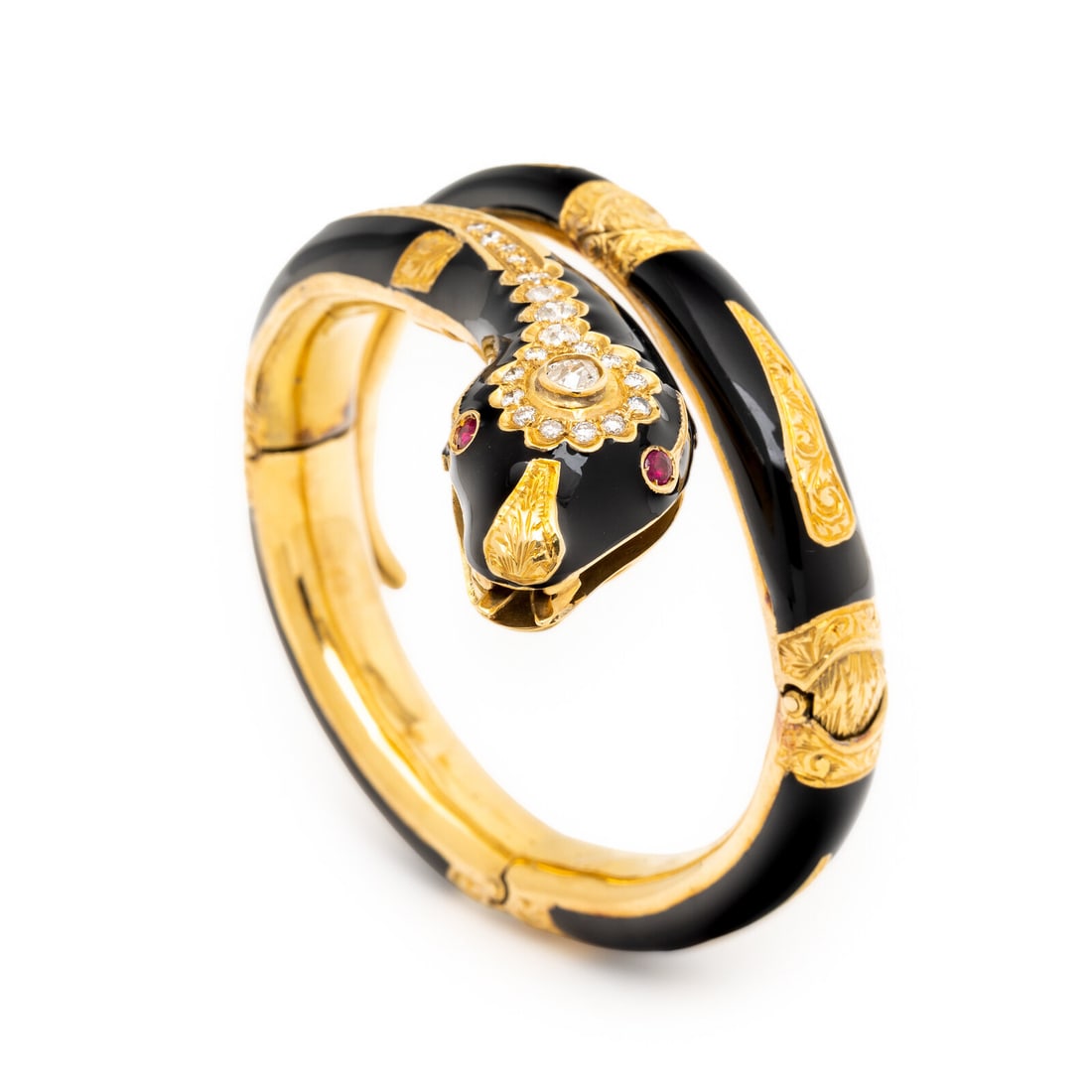 Diamond, Enamel, and Yellow Gold Snake Bangle Bracelet (1 of 4)