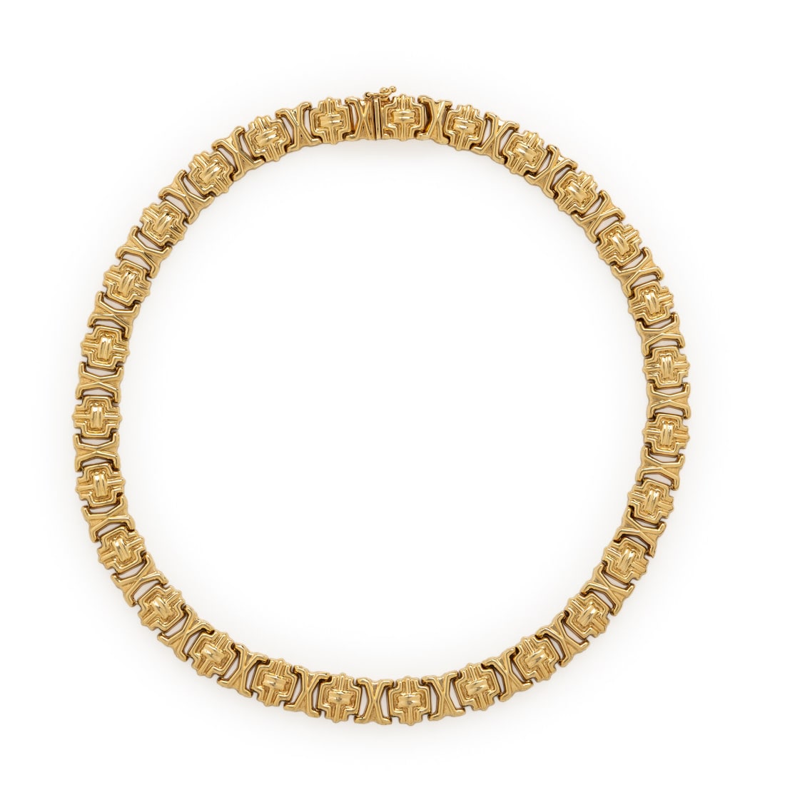 Yellow Gold Fancy Link Necklace: Yellow Gold Fancy Link Necklace 14 karat yellow gold. 16 inches long. Stamp: (maker's mark) 14K ITALY. Gross weight: 25.80 dwt. Property of a Naples, FL Collector