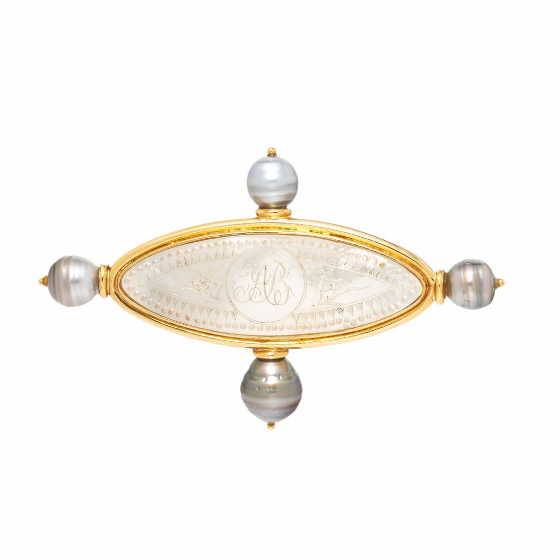 Elizabeth Locke, Mother-of-Pearl, Cultured Pearl, and Yellow Gold Brooch: Elizabeth Locke, Mother-of-Pearl, Cultured Pearl, and Yellow Gold Brooch Engraved mother-of-pearl measuring approximately 49.00 x 16.50 mm and baroque cultured gray pearls (origin of color not tested)