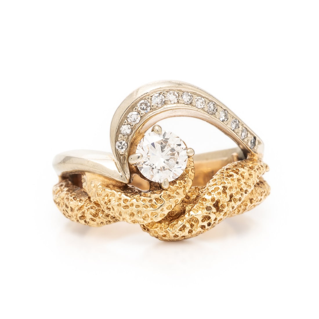 Diamond and Bicolor Gold Ring: Diamond and Bicolor Gold Ring Round brilliant cut diamond weighing approximately 0.50 carat, and single cut diamonds. White gold and textured yellow gold. Ring size 6. Gross weight: 6.35 dwt.