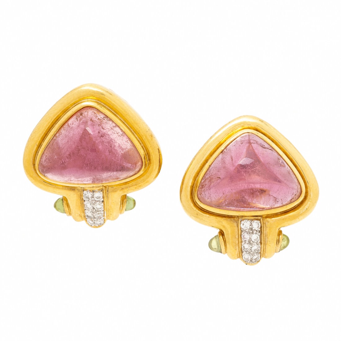 Pink Tourmaline, Peridot, and Diamond Earrings: Pink Tourmaline, Peridot, and Diamond Earrings Triangular cabochon pink tourmaline measuring approximately 17.60 x 14.60 x 7.70mm, round cabochon peridots, and round brilliant cut diamonds. 18 and 14 