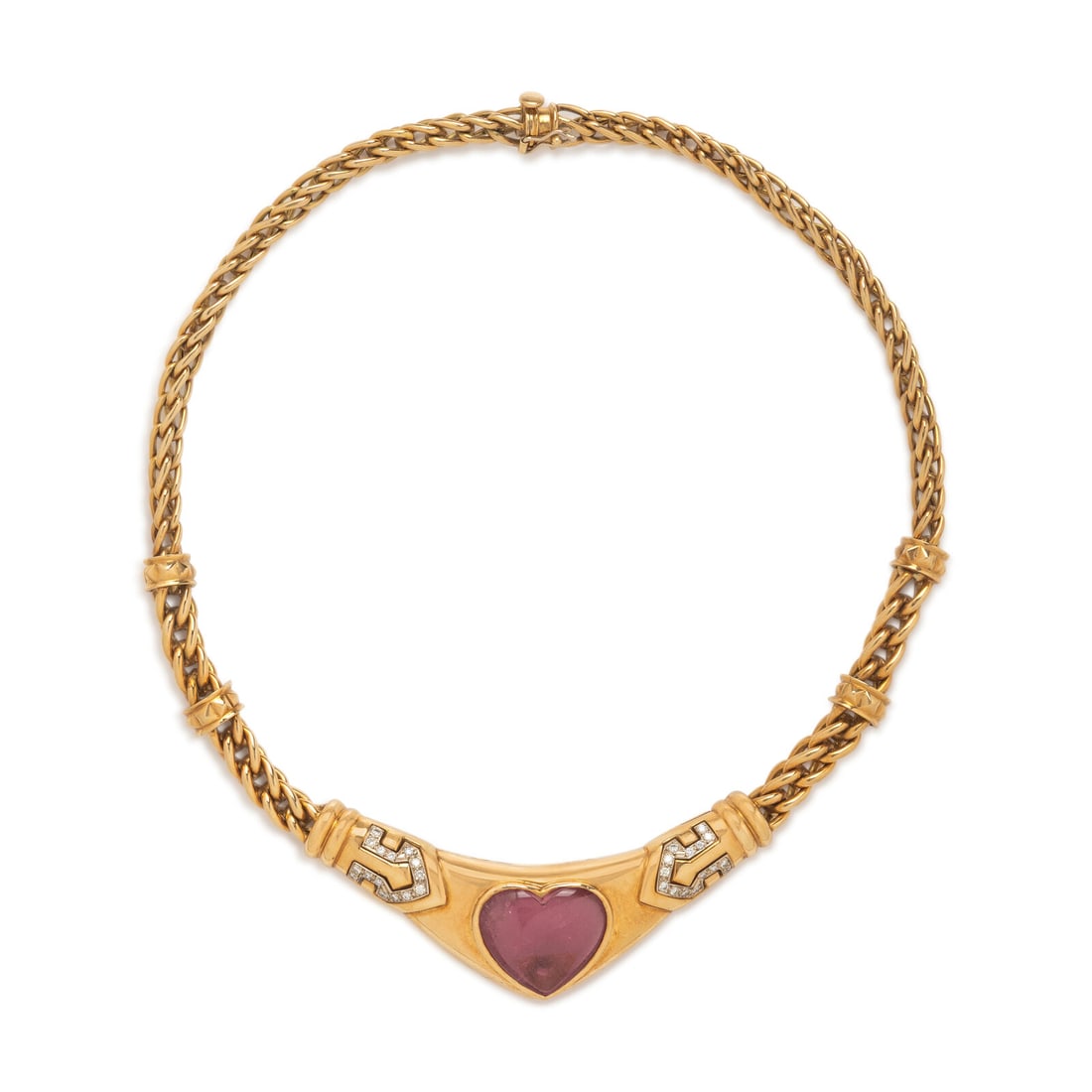 Yellow Gold, Pink Tourmaline, and Diamond Heart Necklace: Yellow Gold, Pink Tourmaline, and Diamond Heart Necklace Heart shape cabochon pink tourmaline measuring approximately 21.15 x 18.50 x 6.90 mm, and round diamonds. 18 karat yellow gold. 16 inches long.